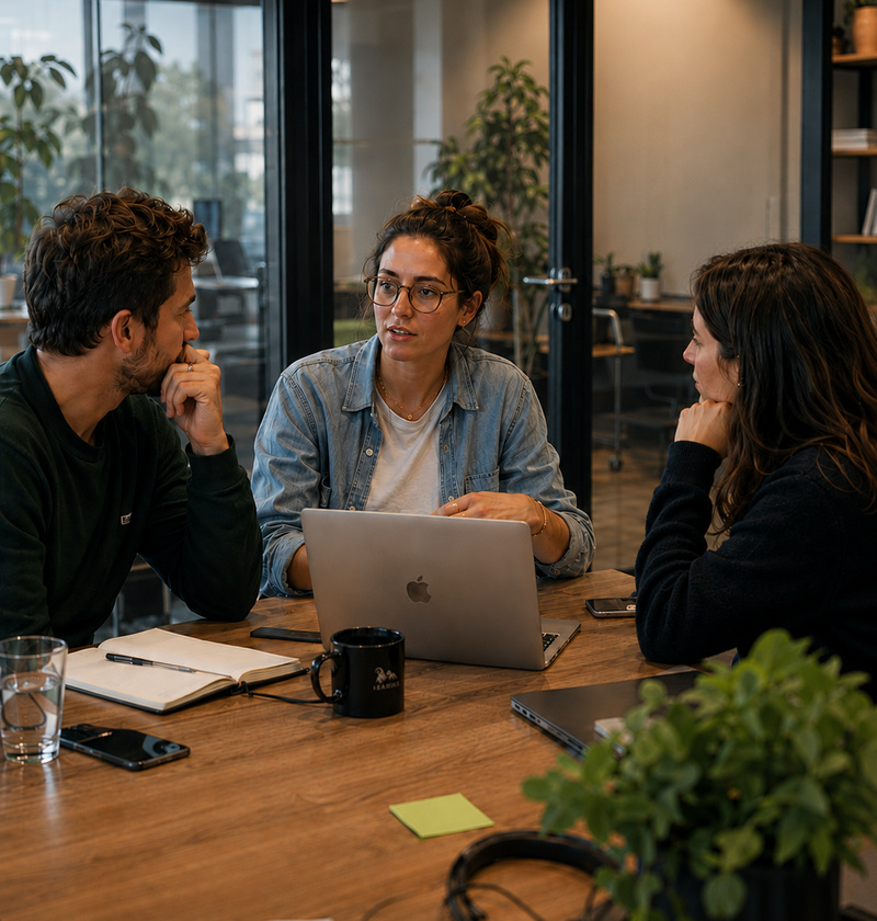 Two colleagues with a client, laptop open, mid-conversation. Portrait crop.